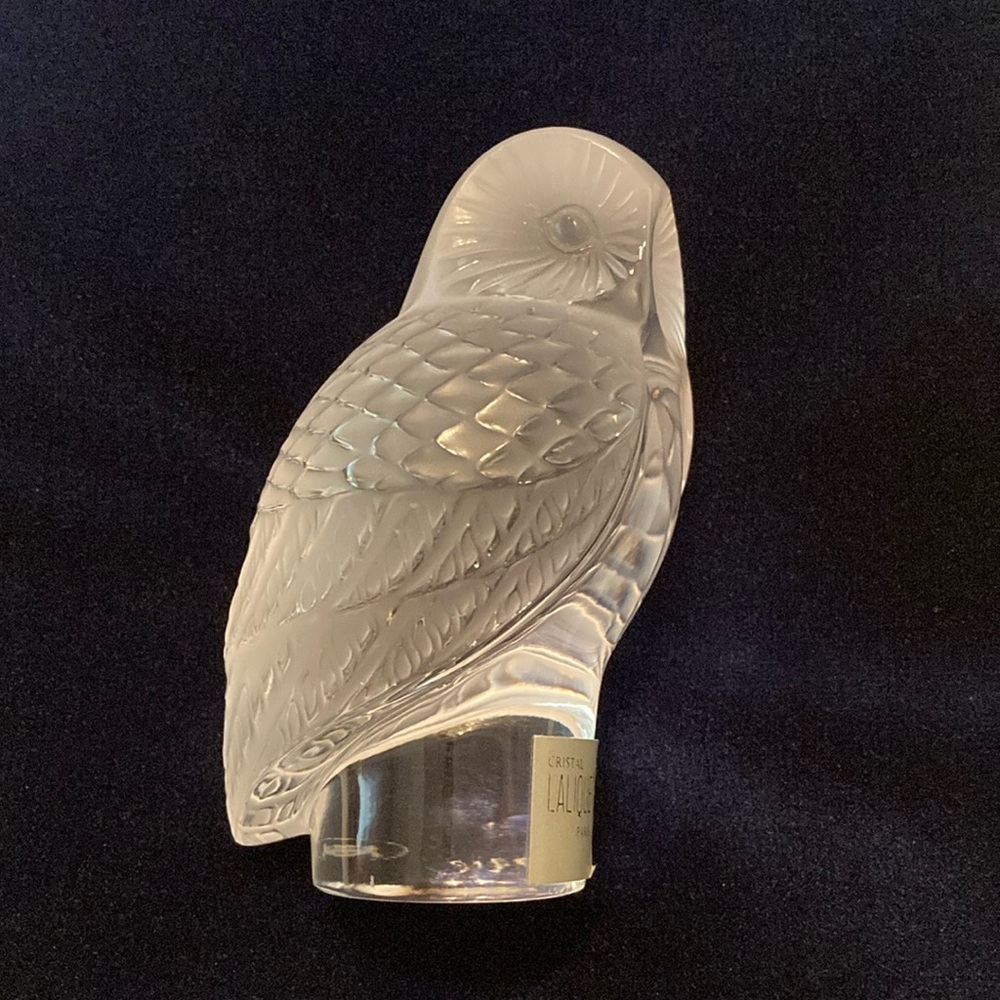 Lalique Crystal Owl Figurine with labels